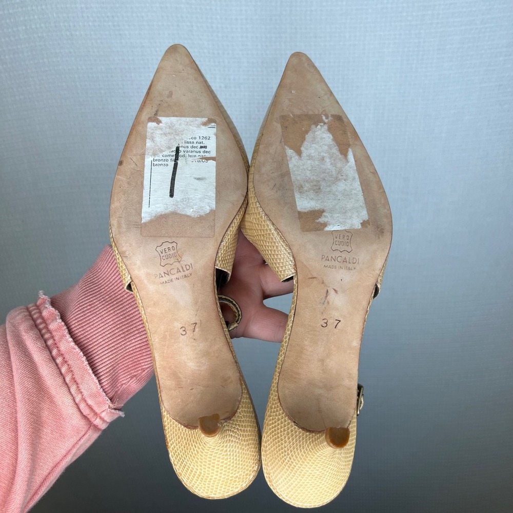 Pancaldi Tan Lizard Embossed Leather Slingback Kitten Heels Made in Italy 37 - Picture 5 of 7